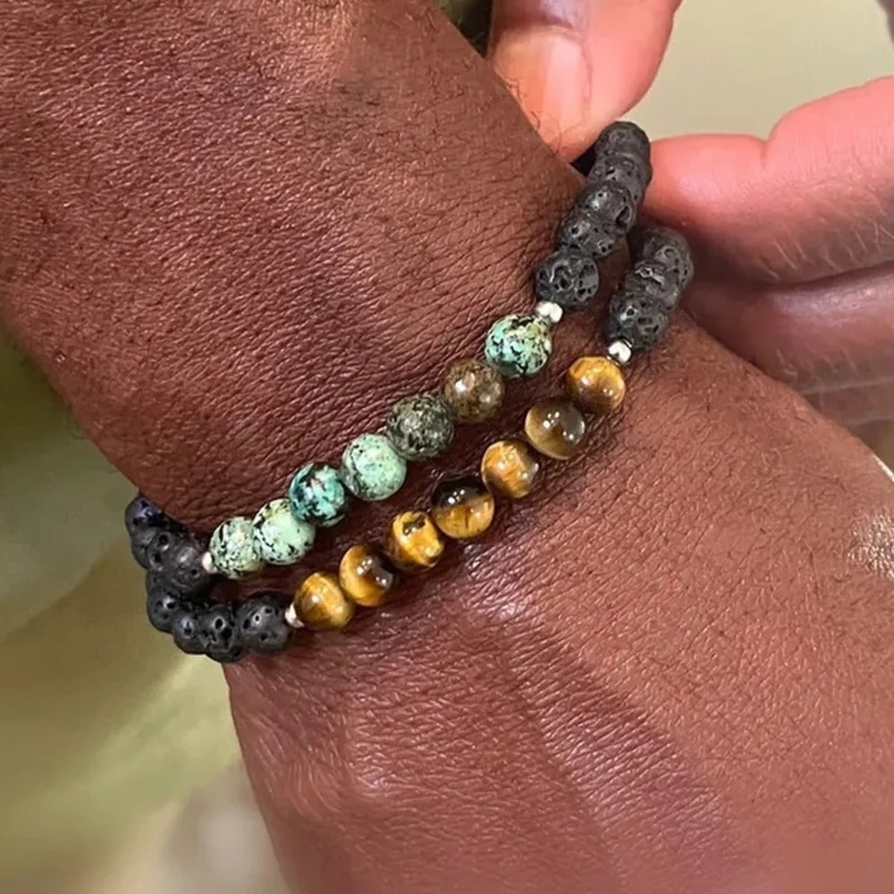 Men’s Lava Stone Tiger Eye Bead Stretchy Bracelet Set